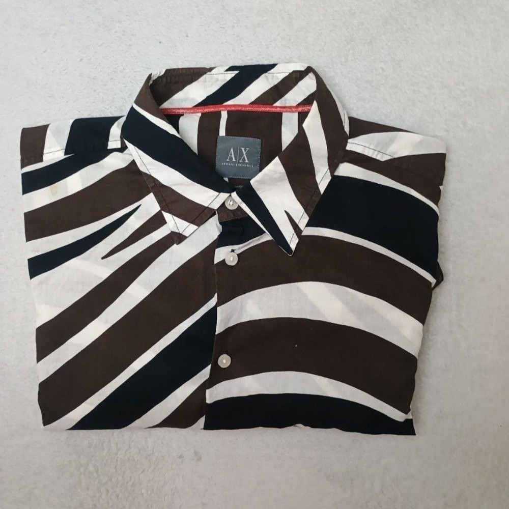Armani Exchange Shirt Mens L Brown Tiger Striped Button-Up Collared Cotton Work